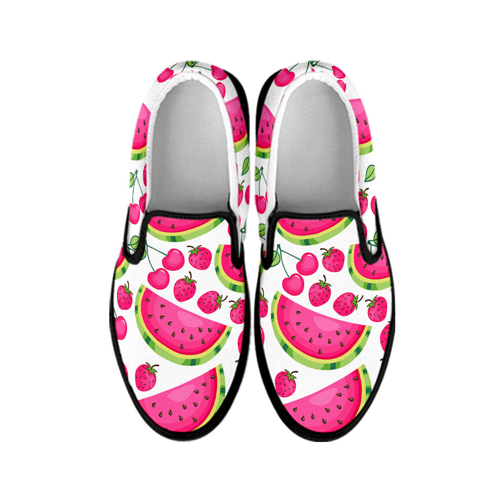 Cute Berry Watermelon Pattern Print Black Slip On Sneakers