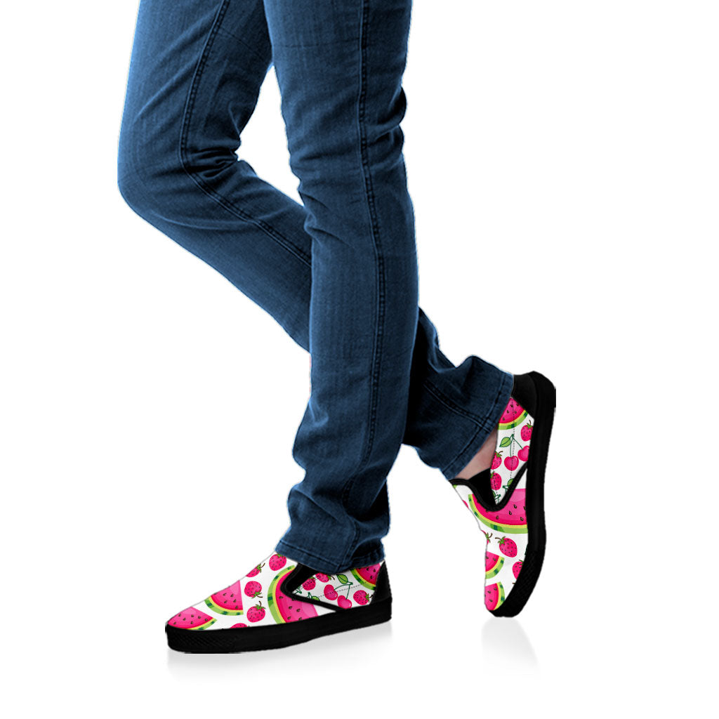 Cute Berry Watermelon Pattern Print Black Slip On Sneakers
