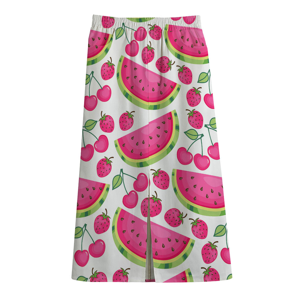 Cute Berry Watermelon Pattern Print Cotton Front Slit Maxi Skirt