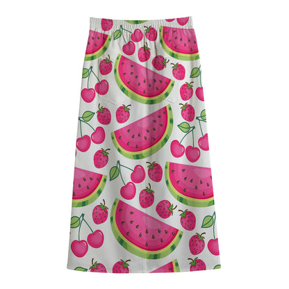 Cute Berry Watermelon Pattern Print Cotton Front Slit Maxi Skirt