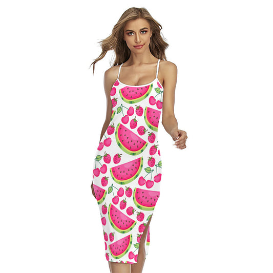 Cute Berry Watermelon Pattern Print Cross Back Cami Dress