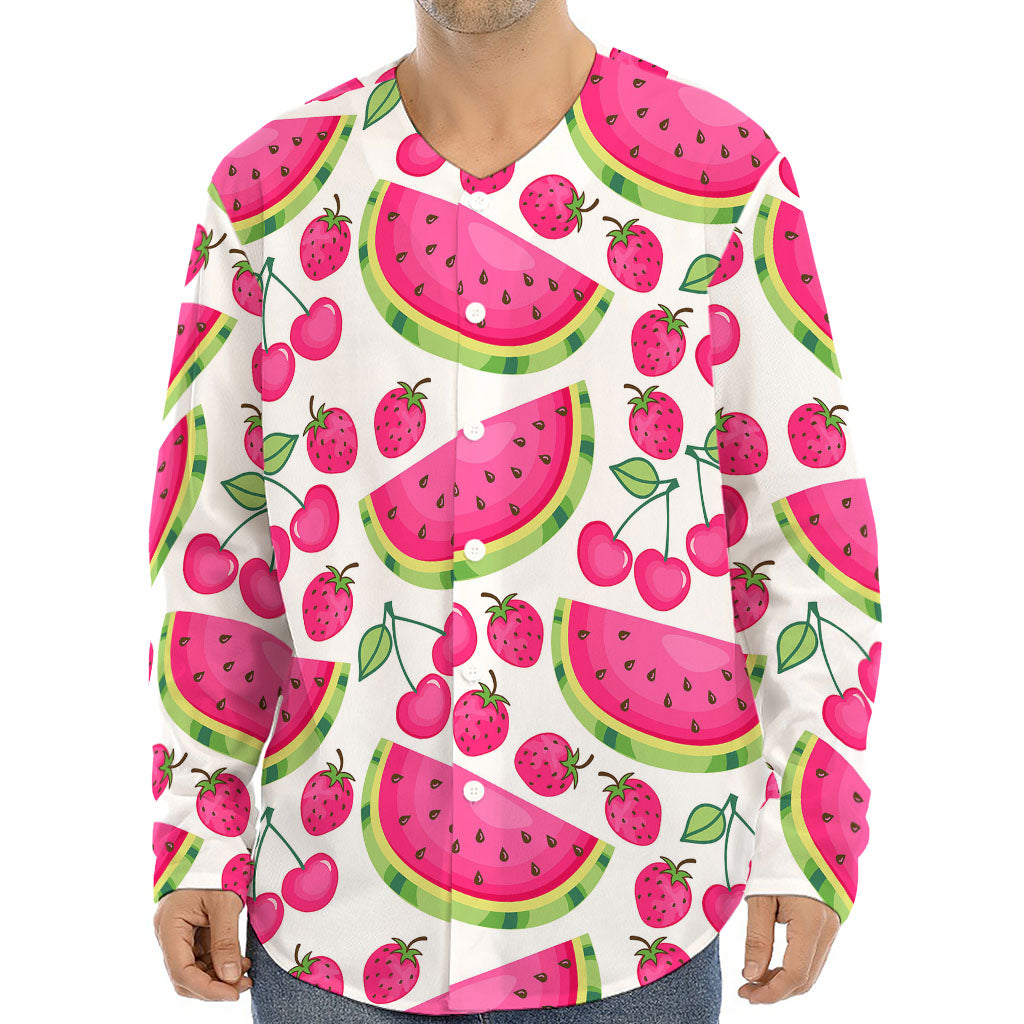Cute Berry Watermelon Pattern Print Long Sleeve Baseball Jersey
