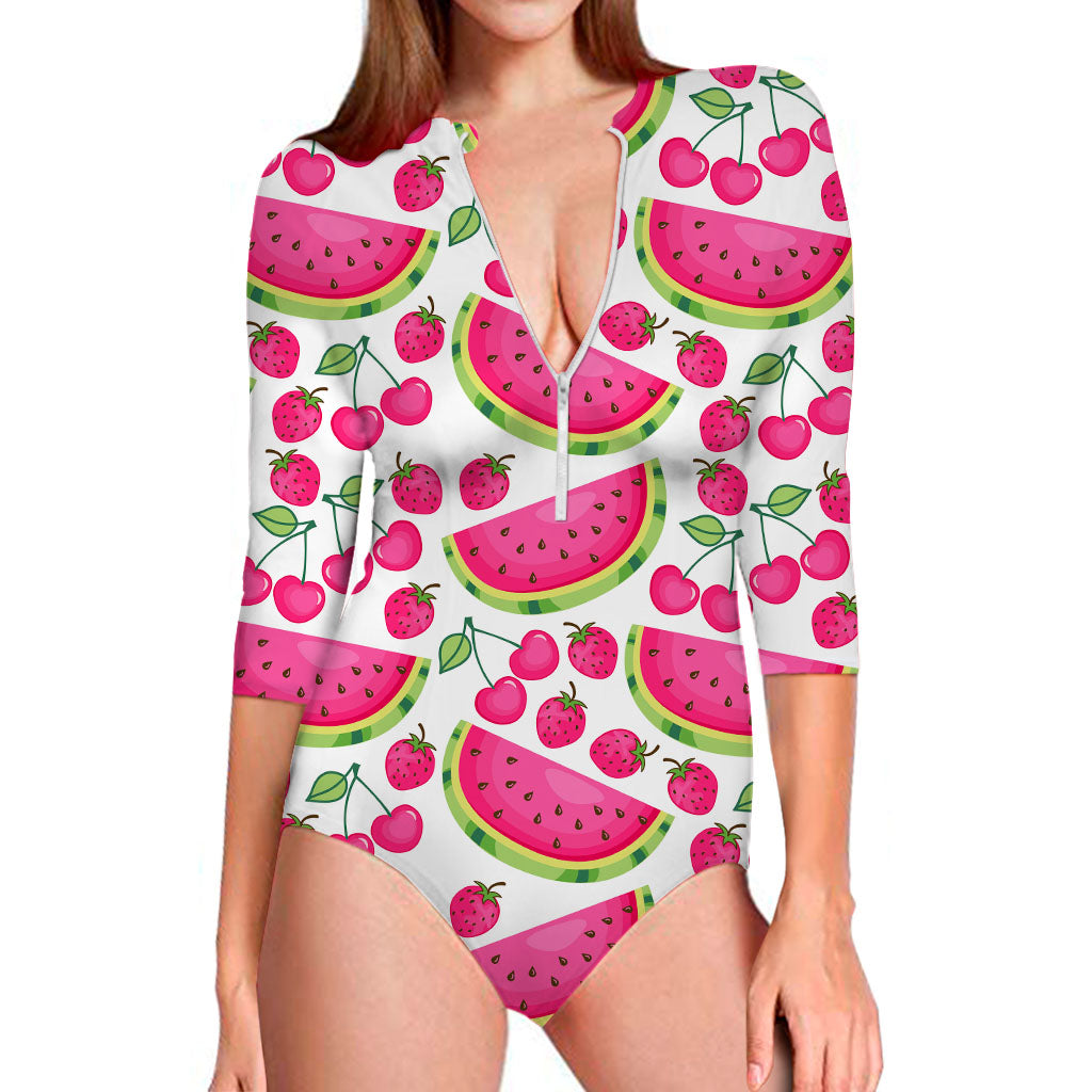 Cute Berry Watermelon Pattern Print Long Sleeve Swimsuit