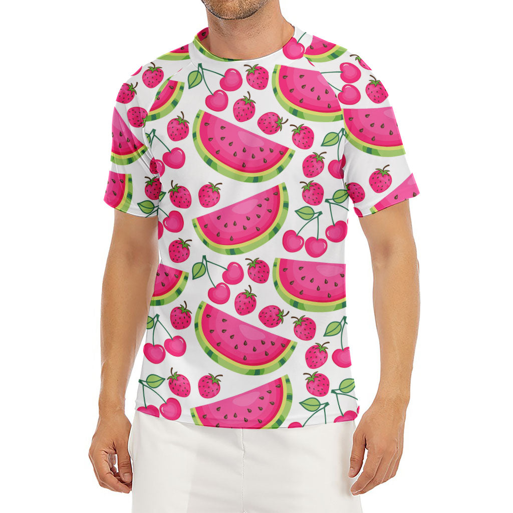Cute Berry Watermelon Pattern Print Men's Short Sleeve Rash Guard