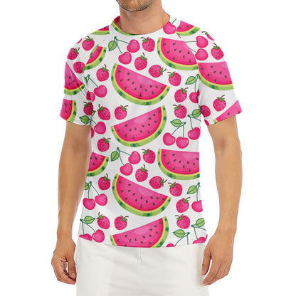 Cute Berry Watermelon Pattern Print Men's Short Sleeve Rash Guard