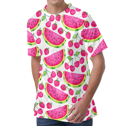 Cute Berry Watermelon Pattern Print Men's Velvet T-Shirt