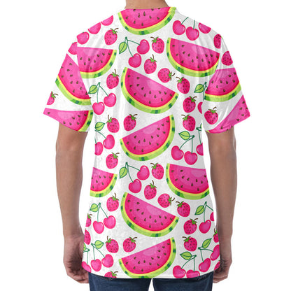Cute Berry Watermelon Pattern Print Men's Velvet T-Shirt