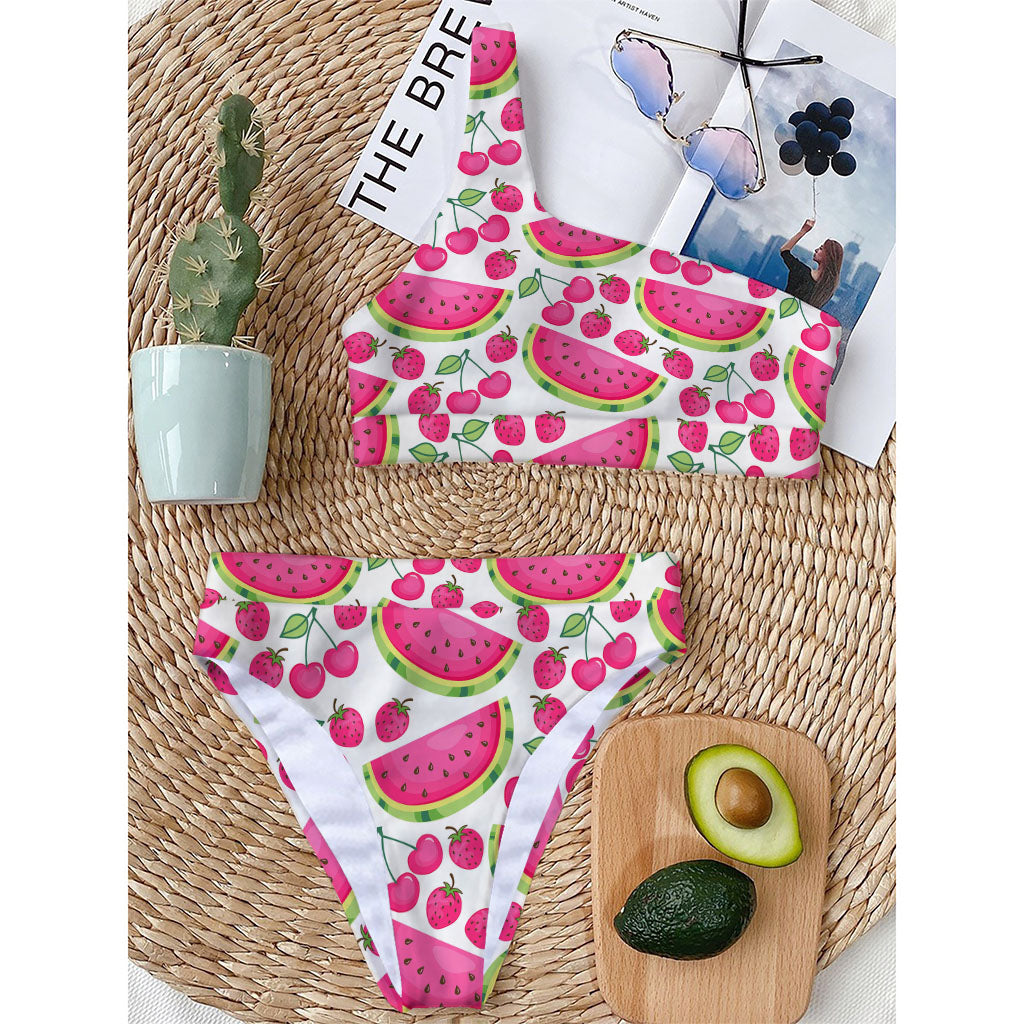 Cute Berry Watermelon Pattern Print One Shoulder Bikini Top