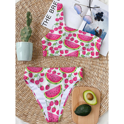 Cute Berry Watermelon Pattern Print One Shoulder Bikini Top