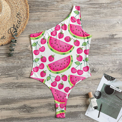 Cute Berry Watermelon Pattern Print One Shoulder Bodysuit