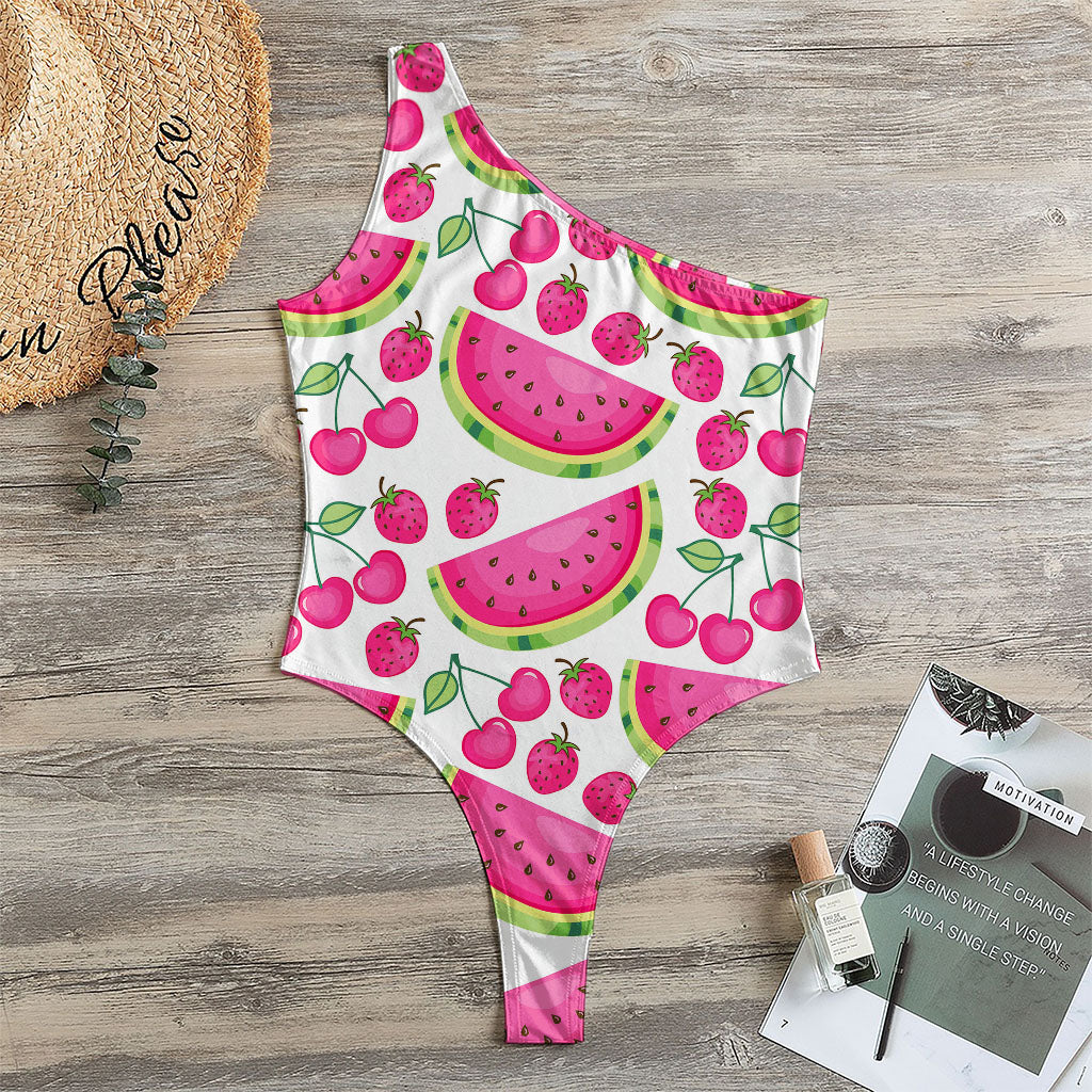 Cute Berry Watermelon Pattern Print One Shoulder Bodysuit