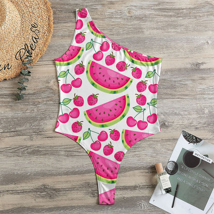 Cute Berry Watermelon Pattern Print One Shoulder Bodysuit