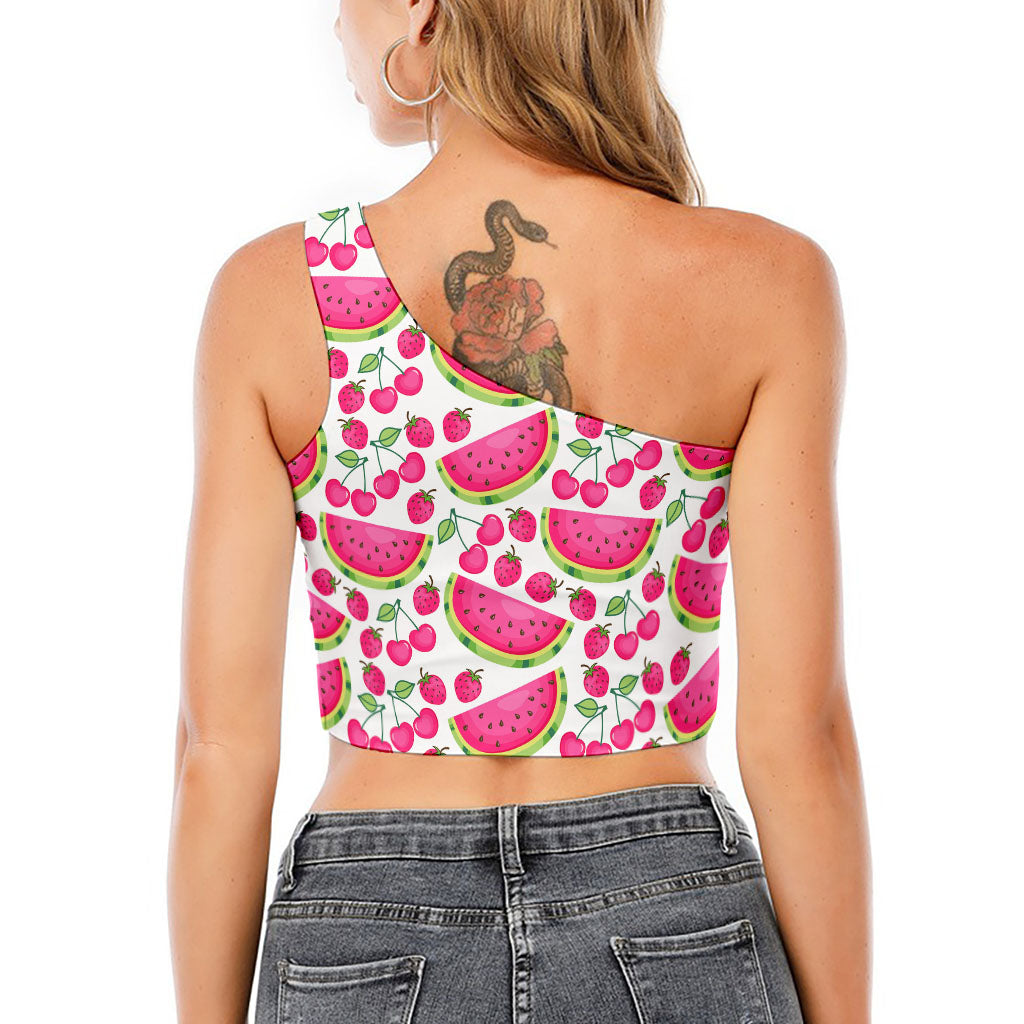 Cute Berry Watermelon Pattern Print One Shoulder Crop Top