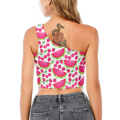 Cute Berry Watermelon Pattern Print One Shoulder Crop Top