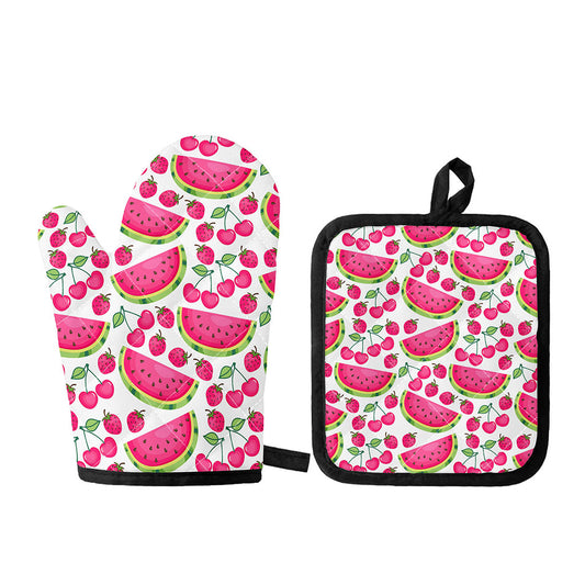 Cute Berry Watermelon Pattern Print Oven Mitt And Pot Holder Set
