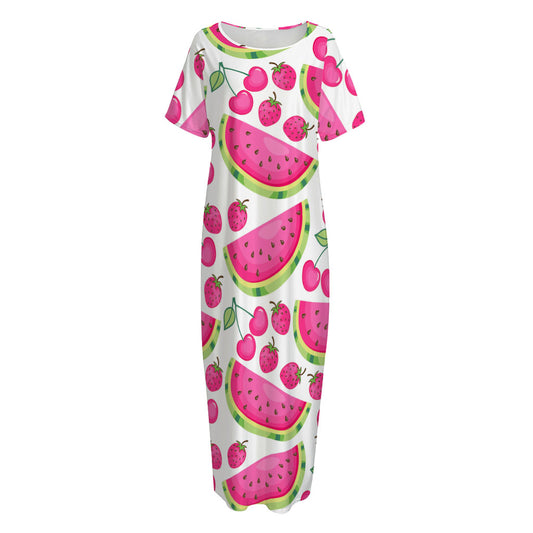 Cute Berry Watermelon Pattern Print Short Sleeve Long Nightdress
