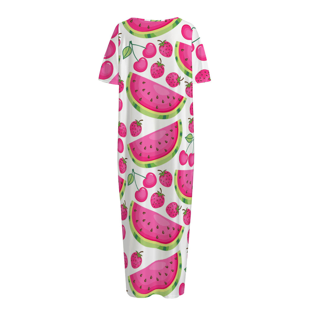 Cute Berry Watermelon Pattern Print Short Sleeve Long Nightdress