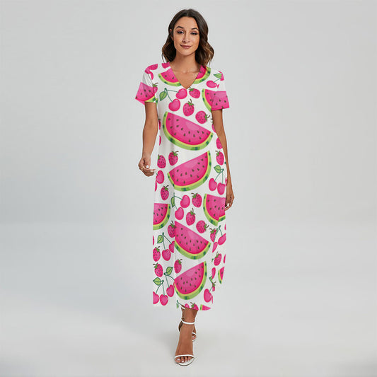 Cute Berry Watermelon Pattern Print Short Sleeve Maxi Dress