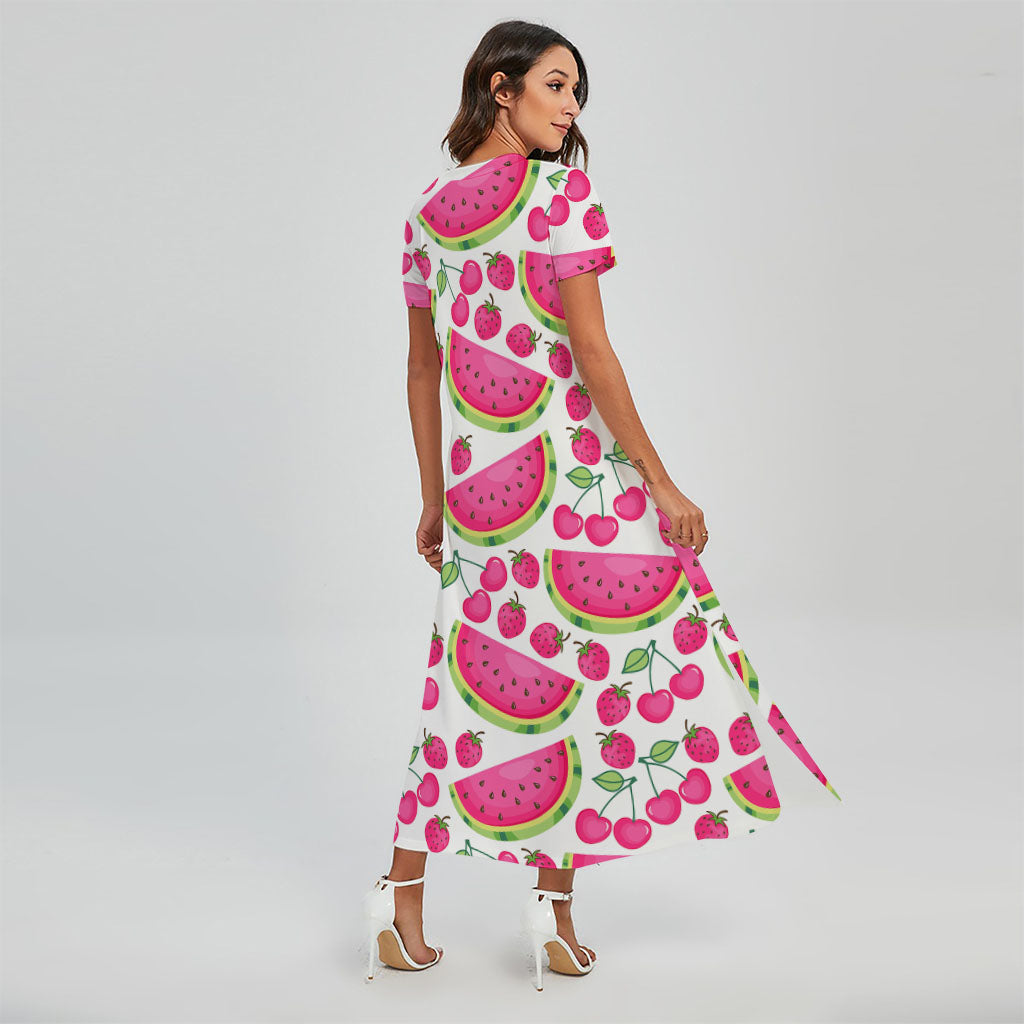 Cute Berry Watermelon Pattern Print Short Sleeve Maxi Dress