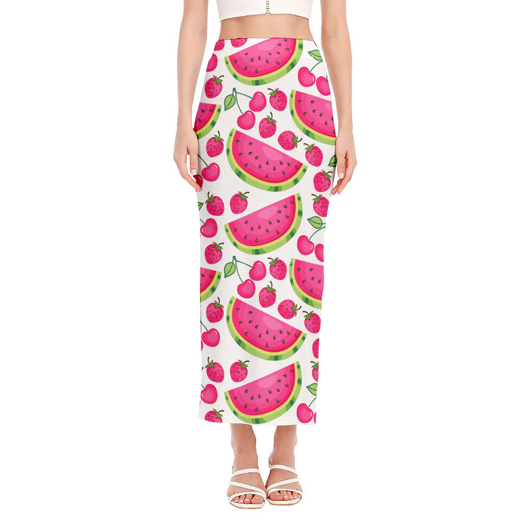 Cute Berry Watermelon Pattern Print Side Slit Maxi Skirt