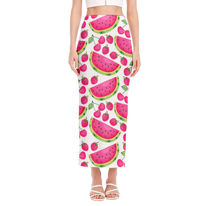 Cute Berry Watermelon Pattern Print Side Slit Maxi Skirt