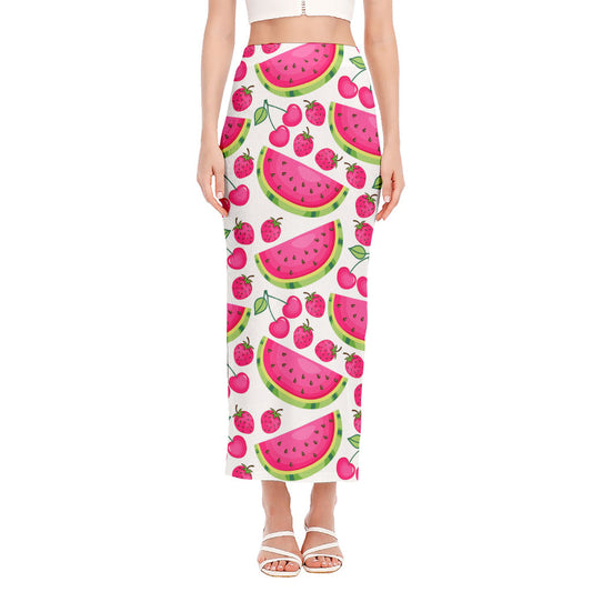 Cute Berry Watermelon Pattern Print Side Slit Maxi Skirt