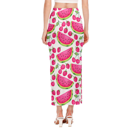 Cute Berry Watermelon Pattern Print Side Slit Maxi Skirt