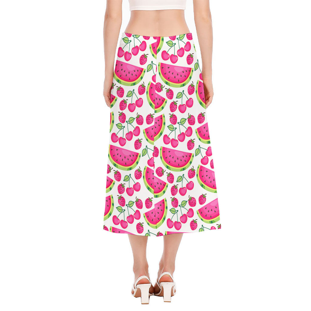 Cute Berry Watermelon Pattern Print Side Slit Midi Skirt