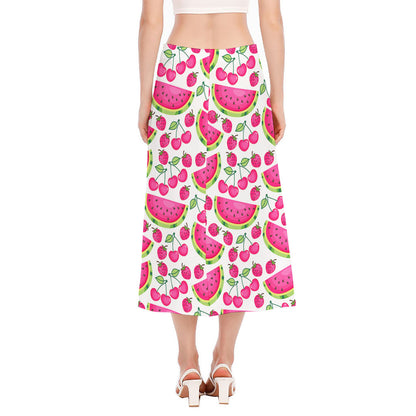Cute Berry Watermelon Pattern Print Side Slit Midi Skirt