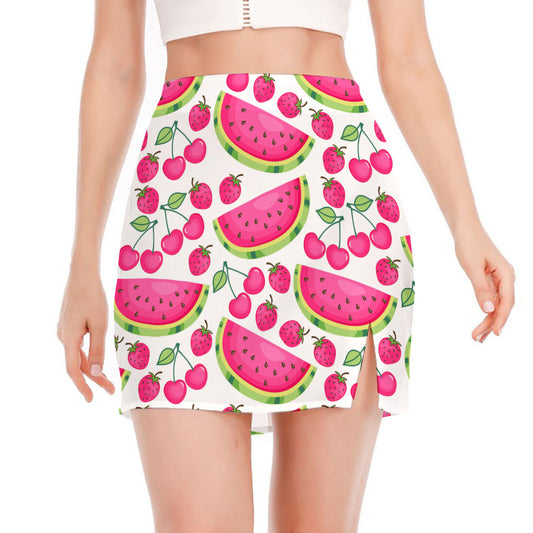 Cute Berry Watermelon Pattern Print Side Slit Mini Skirt