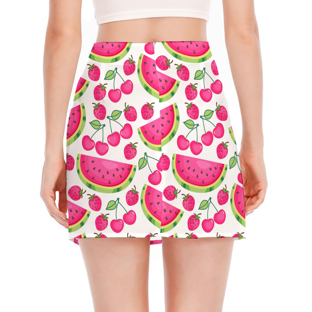 Cute Berry Watermelon Pattern Print Side Slit Mini Skirt