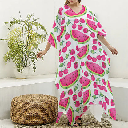 Cute Berry Watermelon Pattern Print Silk V-Neck Kaftan Dress