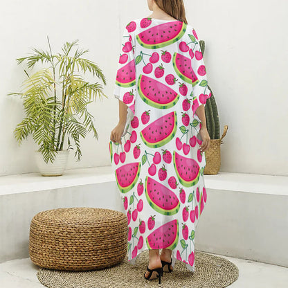 Cute Berry Watermelon Pattern Print Silk V-Neck Kaftan Dress