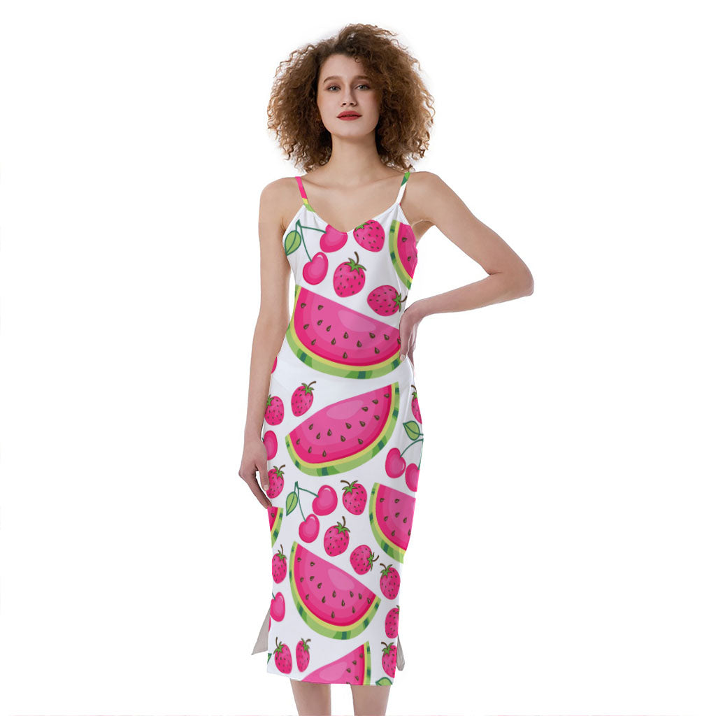Cute Berry Watermelon Pattern Print Slim Fit Midi Cami Dress