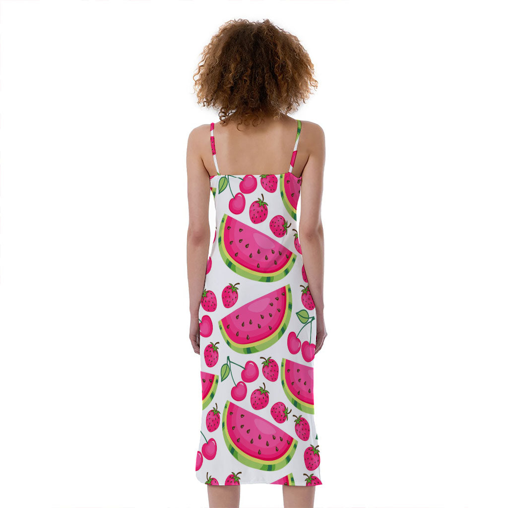 Cute Berry Watermelon Pattern Print Slim Fit Midi Cami Dress