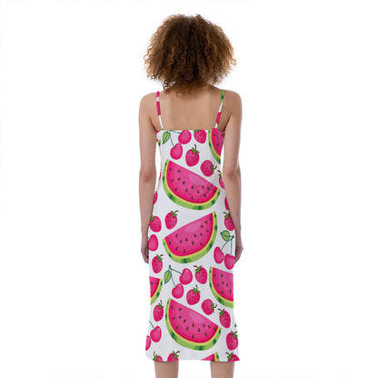 Cute Berry Watermelon Pattern Print Slim Fit Midi Cami Dress
