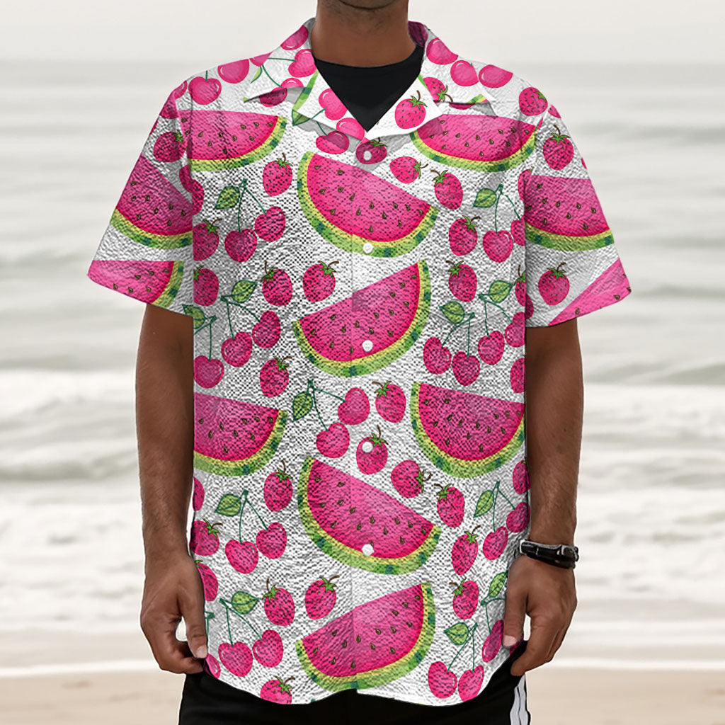 Cute Berry Watermelon Pattern Print Textured Short Sleeve Shirt