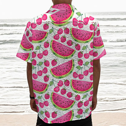 Cute Berry Watermelon Pattern Print Textured Short Sleeve Shirt