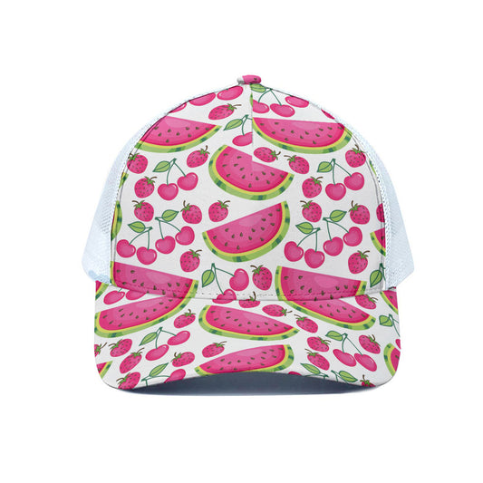 Cute Berry Watermelon Pattern Print White Mesh Trucker Cap