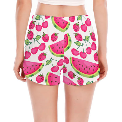 Cute Berry Watermelon Pattern Print Women's Split Running Shorts