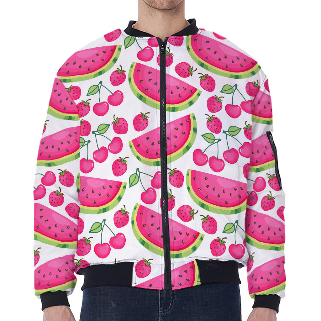 Cute Berry Watermelon Pattern Print Zip Sleeve Bomber Jacket