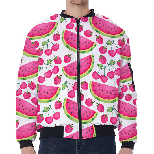Cute Berry Watermelon Pattern Print Zip Sleeve Bomber Jacket