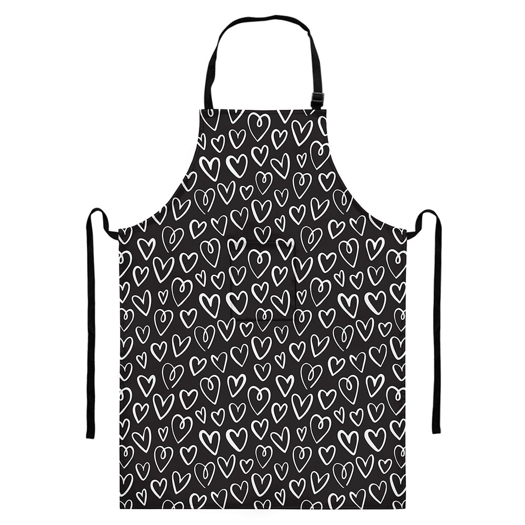 Cute Black And White Heart Pattern Print Bib Apron With Pocket