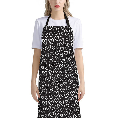 Cute Black And White Heart Pattern Print Bib Apron With Pocket