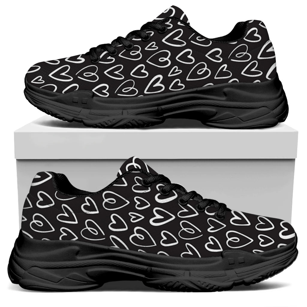 Cute Black And White Heart Pattern Print Black Chunky Shoes