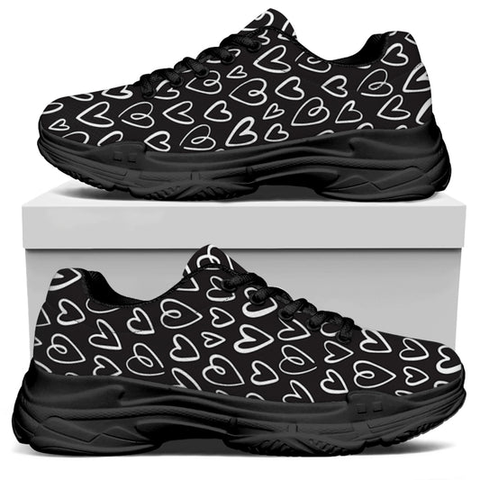 Cute Black And White Heart Pattern Print Black Chunky Shoes