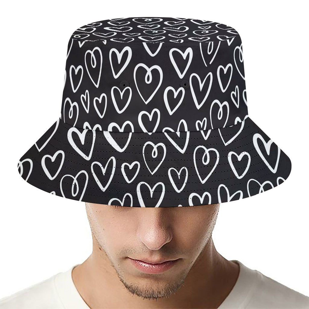 Cute Black And White Heart Pattern Print Bucket Hat