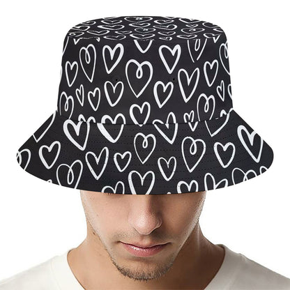 Cute Black And White Heart Pattern Print Bucket Hat
