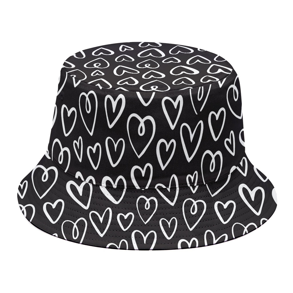Cute Black And White Heart Pattern Print Bucket Hat