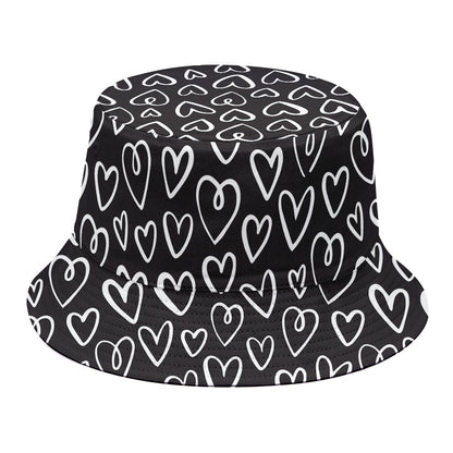 Cute Black And White Heart Pattern Print Bucket Hat